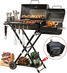 Portable Charcoal Grill with Smoking Function, Foldable Suitcase Design with Wheels, Multi-Tier Storage Rack & Waterproof Cover for Outdoor BBQ Parties (Black) kscocinaBBQ