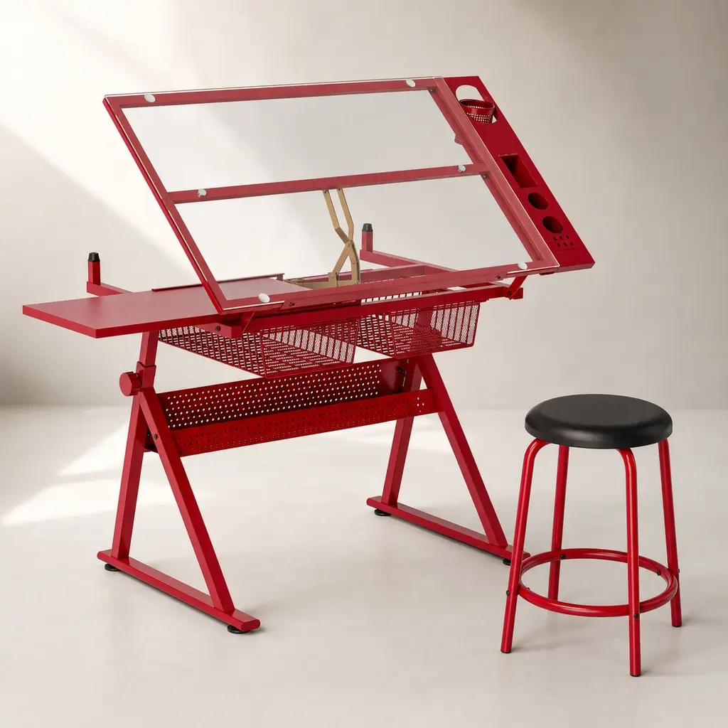 Adjustable Drafting Table with Stool, Red Tempered Glass Tiltable Desk 0-75°, Steel Frame, 2 Drawers, Side Storage Strip, for Home Office Art Drawing Craft Sewing, 23.62x40.15 in, Red Color Options, Steel Material, Product Dimensions: 23.62 W