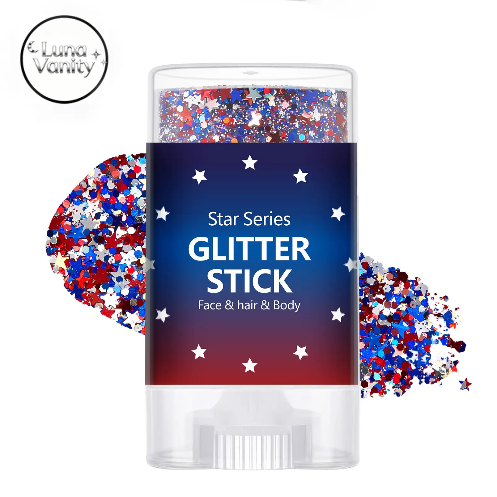 Alcohol-Free 4th of July Glitter Stick Cosmetic - Red, White & Blue Sparkly Look Makeup for Body & Hair, All Skin Types Body Glitter for Independence Day Party, Football Matches, Youth, Limited Edition
