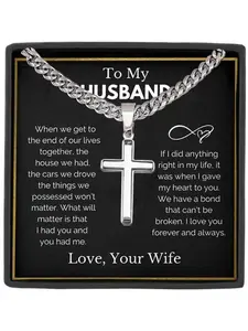 To My Husband Cuban Chain Cross Necklace Pendant Gift, Cuban Link Necklace , Stainless Steel Men's  Jewelry, Ideal Birthday Christmas Present for Him