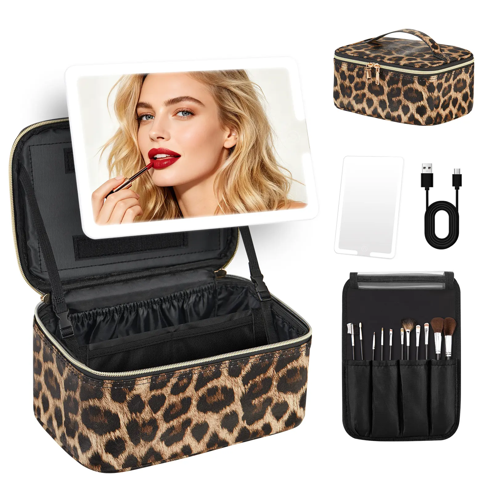 Leopard Print Travel Makeup Bag with LED Mirror, 3 Color Light Modes, Large Capacity Cosmetic Organizer with Adjustable Dividers & Brush Holder, USB Rechargeable Portable Vanity Case, Luggage Sleeve Strap, Gift for Women
