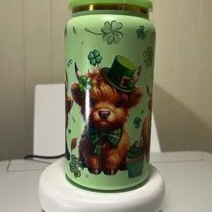 Highland Saint Patty's Day Metal Libby Cup with Lid Featuring Four Leaf Clover Design, Green Color, and Stable Packaging - Bottle, Drinkware