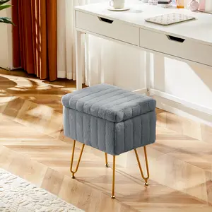 Vanity Stool Chair with Storage, Ottoman Faux Fur Soft Padded Makeup Footstools Seat with 4 Metal Legs Anti-Slip Adjustable Feet Modern