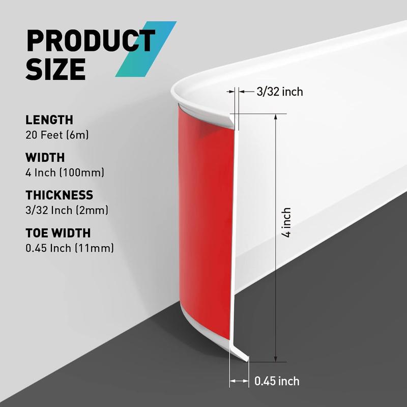 Baseboard Trim,4 Inch(W) x 20 (L) Flexible Baseboard Molding Trim,Self Adhesive Vinyl Baseboard Cove Base, Peel and Stick Wall Base Boards with 1 count Utility ,White