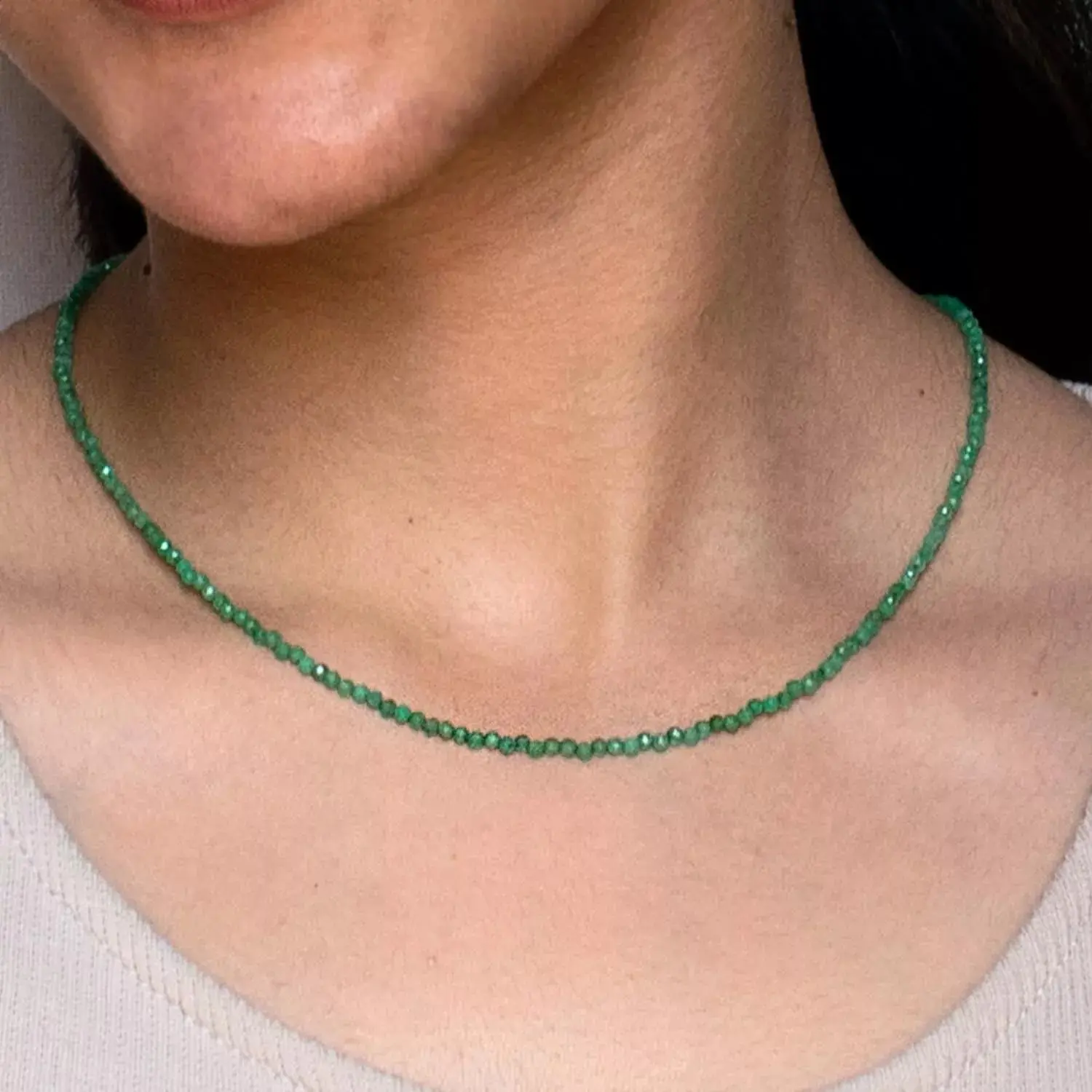 Natural Green Crystal Gemstone Stone 2mm Bead Small Tiny Beaded Dainty Simple African Emerald Choker Necklace, Healing Protection Calming Necklace, Women Boho Style Layering Stackable Necklace, Christmas gift, Birthday gift, Gift for mother , Couples gift