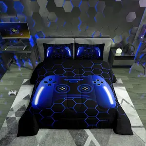 Gaming Bedding Sets,Navy Blue Gamer Comforter Sets,Cool Video Game Black Honeycomb Bedding Comforter Sets,Geometric Checkered Blue Ombre Bed Set,