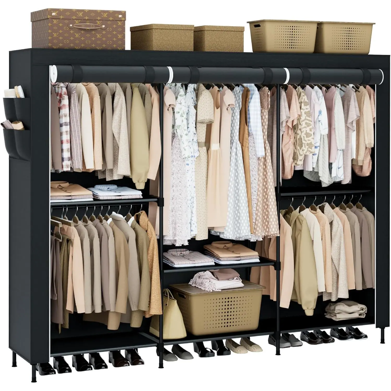 Portable Armoire Closet Organizer, 81.5-Inch Wardrobe with Cover, Clothes Storage with Shelves & 5 Hanging Rods, Easy-to-Assemble Black PCT136B01