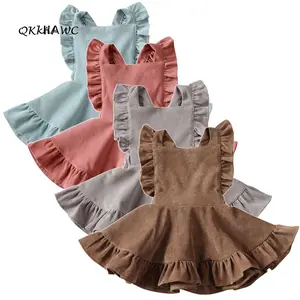 Toddler Girl Suspender Skirt, Solid Color Ruffle Sleeve Straps Dress, Baby Party Velvet Corduroy Casual Sundress