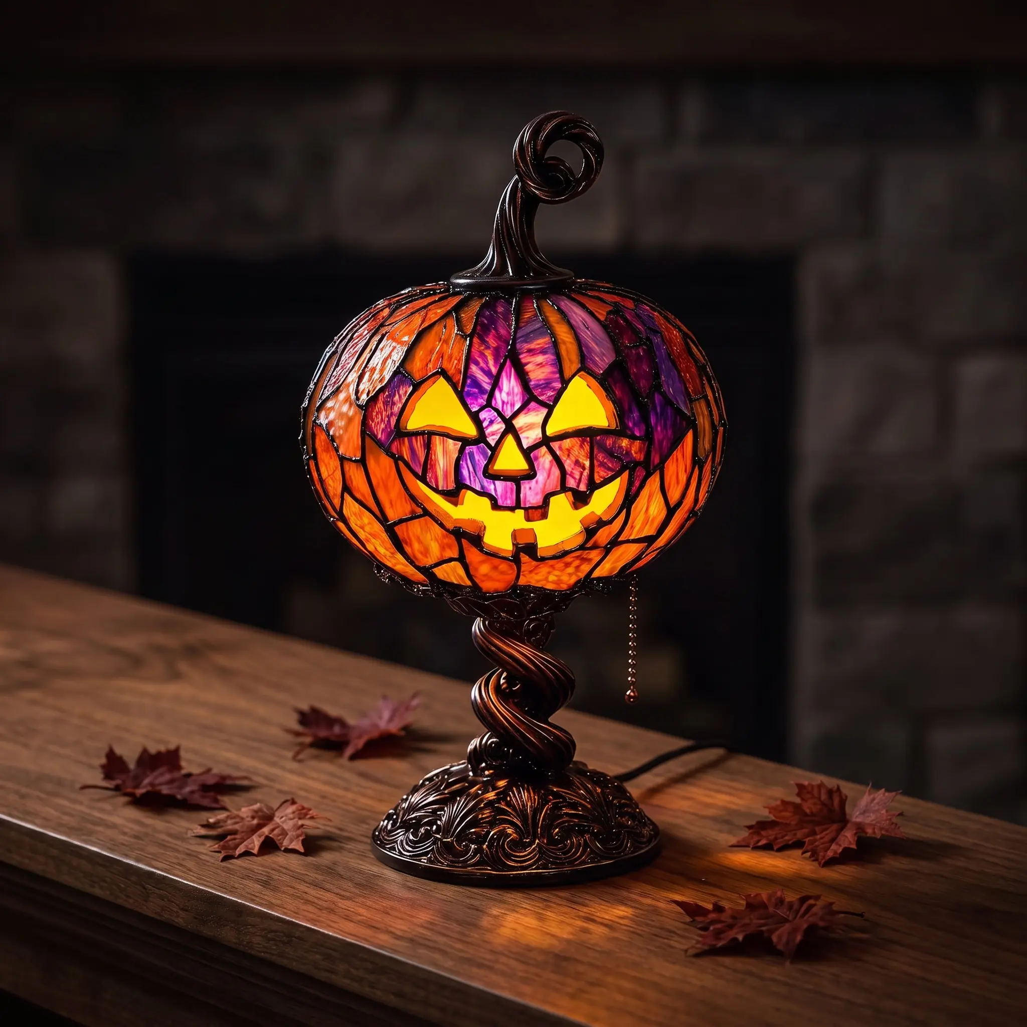 Halloween Stained Glass Pumpkin Table Lamp, Jack O Lantern Decorative Light, Vintage Pumpkin Face Desk Lamp for Halloween Party Indoor Home Decor