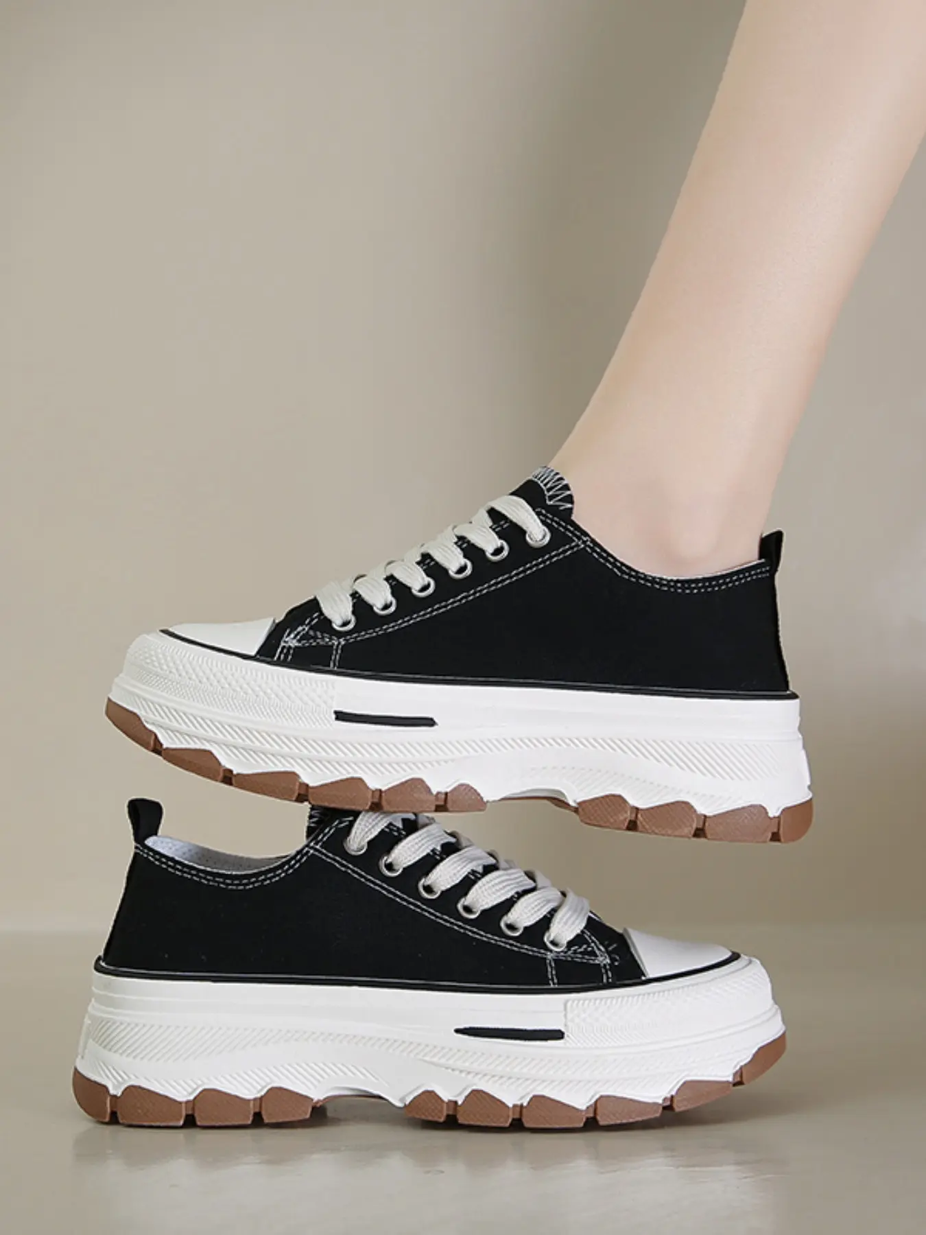 Women's College Style Comfortable Thick Sole Casual Walking Sports Shoes, 5cm Heel, Round Toe Lace-Up, Suitable for School and Outdoor Wear, Sneaker