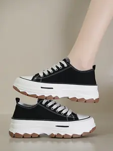 Women's College Style Comfortable Thick Sole Casual Shoes, 5cm Heel, Round Toe Lace-Up, Suitable for School and Outdoor Wear