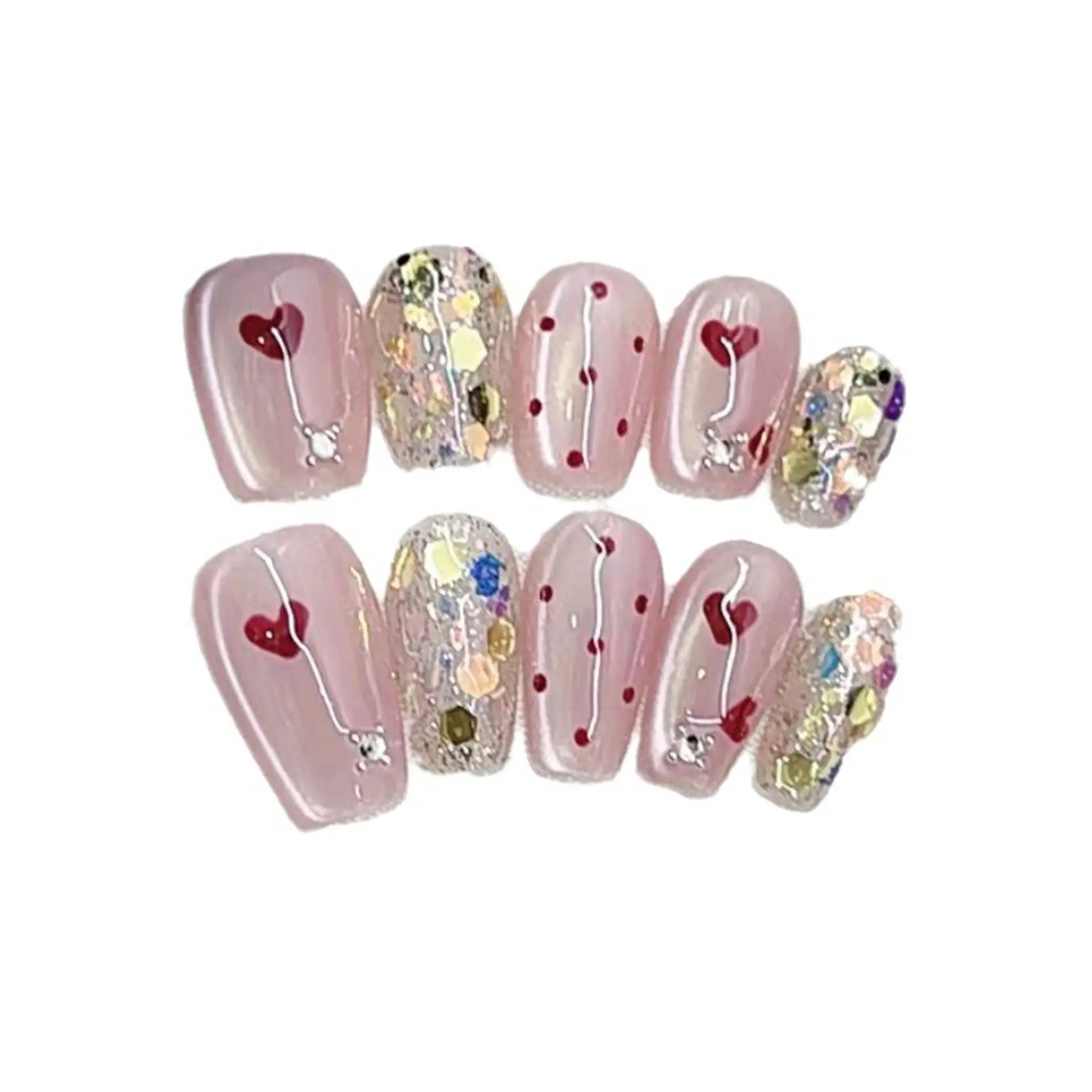 Press-Type Square Acrylic False Nails - Hand-Painted, Detachable, Reusable, with Red Heart Design, Gradient Halo Finish, Colored Foil Accents, Shimmery Short/Extra Short Nail Art Decoration (Beauty & Personal Care)