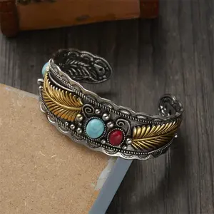 Vintage Turquoises Feather Bracelet for Men Women Bohemian Ethnic Natural Stone Open Adjustable Cuff Bangles Party Jewelry Gifts