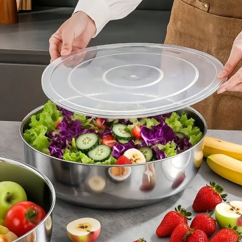 Large Stainless Steel Mixing Bowl with Lid - Rust-Resistant, Deep and Wide, Perfect for Dough Kneading, Pasta Making, Vegetable Washing, Soups, Fruit, Salad | Modern Kitchen Essentials, Kitchen Necessities and Supplies, Tableware