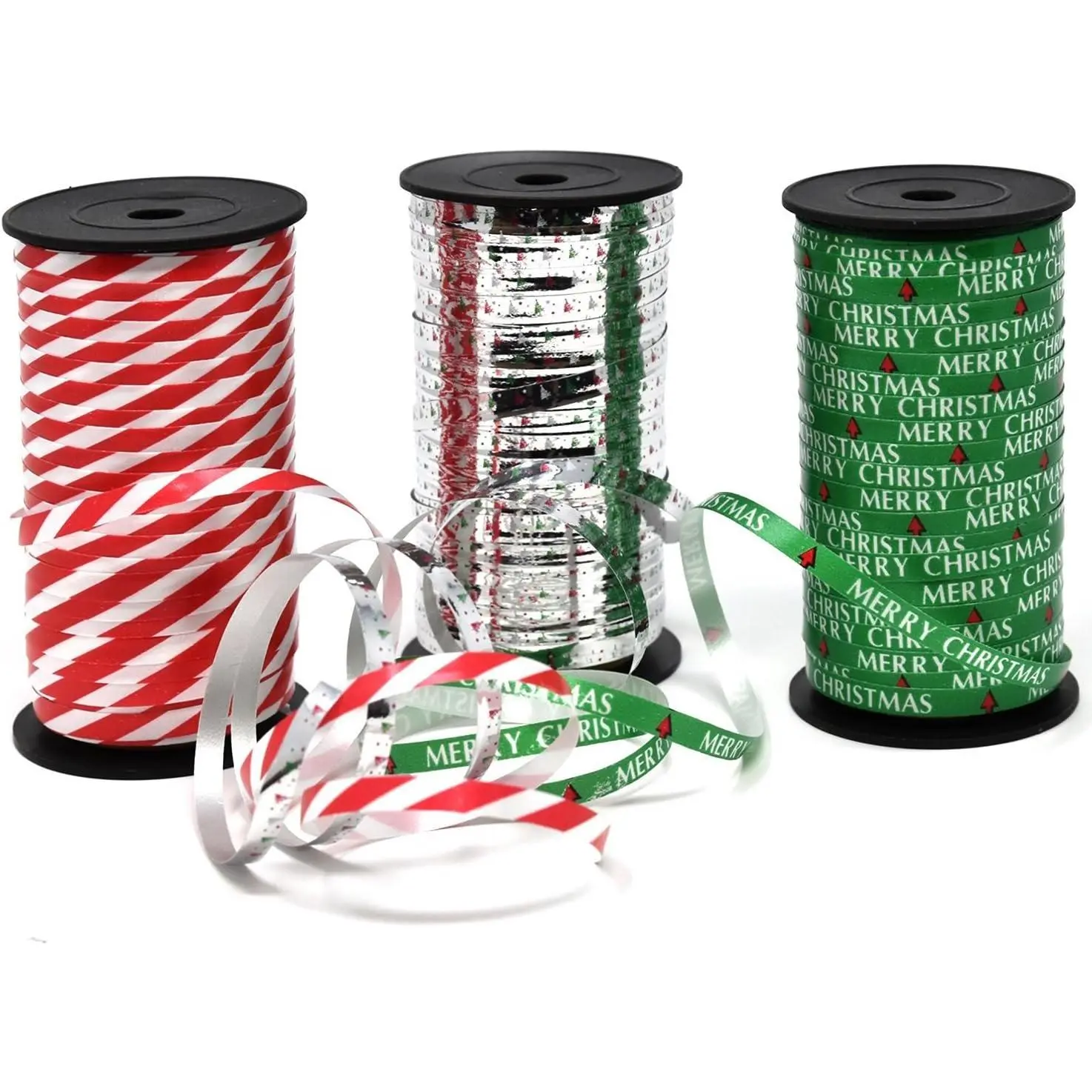 Gift Boutique Christmas Curling Ribbon Pack of 3 Rolls Green, Red & White Stripes, and Metallic Silver; Holiday Party Crafts Supplies Decorations- 100 Yards Per Roll Total of 900 Feet