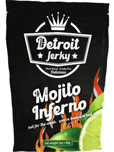 Detroit Jerky - Mojito Inferno!  A vegan, gluten free spicy jerky with a deliciously meaty texture!  With a heat that builds up and hits you at the end, Mojito Inferno is NOT for the weak…  You’ve been warned!