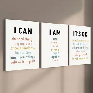 3-count wooden frame canvas Set, simple style self-affirmation positive energy poster, inspirational quotes three-piece decoration, fashionable poster, modern home decoration, suitable for bedroom, living room and entrance hall decoration, waterproof art