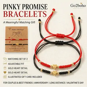 2PCS Pinky Promise Matching Bracelets for Couples & Best Friends, Adjustable Red Black Cord Bracelet Set with Gold Heart Charm, Long Distance Friendship Gift jewelry