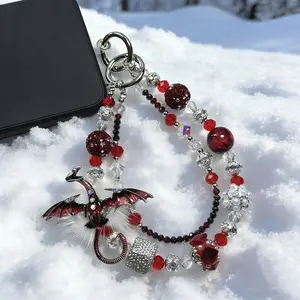 Red Dragon Double‑Layer Crystal Bead Phone Chain, Sparkling Red Diamond Encrusted Luxury Niche Accessory with Plush Pendant, Sturdy Stylish Strap for Phones & Handbags
