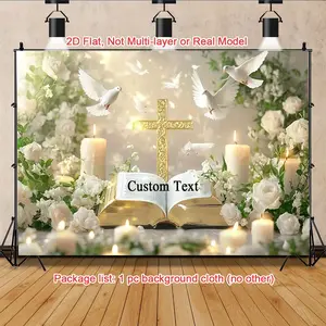 1pc Religious Backdrop White Floral Cross Theme Vinyl Fabric for Baptism Communion Wedding Funeral Memorial Service