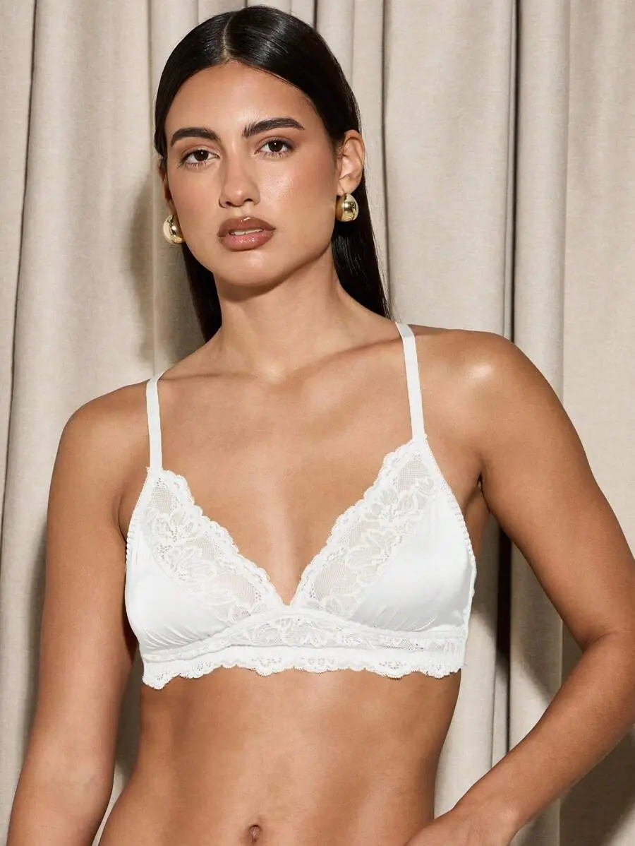 Comfort Lace Applique Triangle Bralette Soft Cup Wireless Lingerie Sheer Mesh Details Adjustable Straps Wedding Bridal Honeymoon Everyday Essential