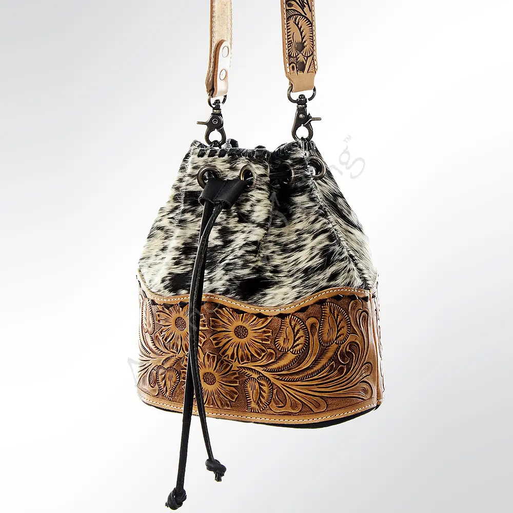 American Darling Bucket Bag Hand Tooled Floral Carved Hair-On Cowhide Genuine Leather Purse Tassels with YKK Zipper
