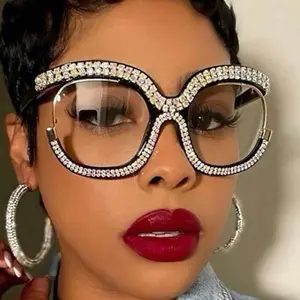 Owl Shaped Rhinestone Oversized Flat Glasses - Anti Blue Ray Design