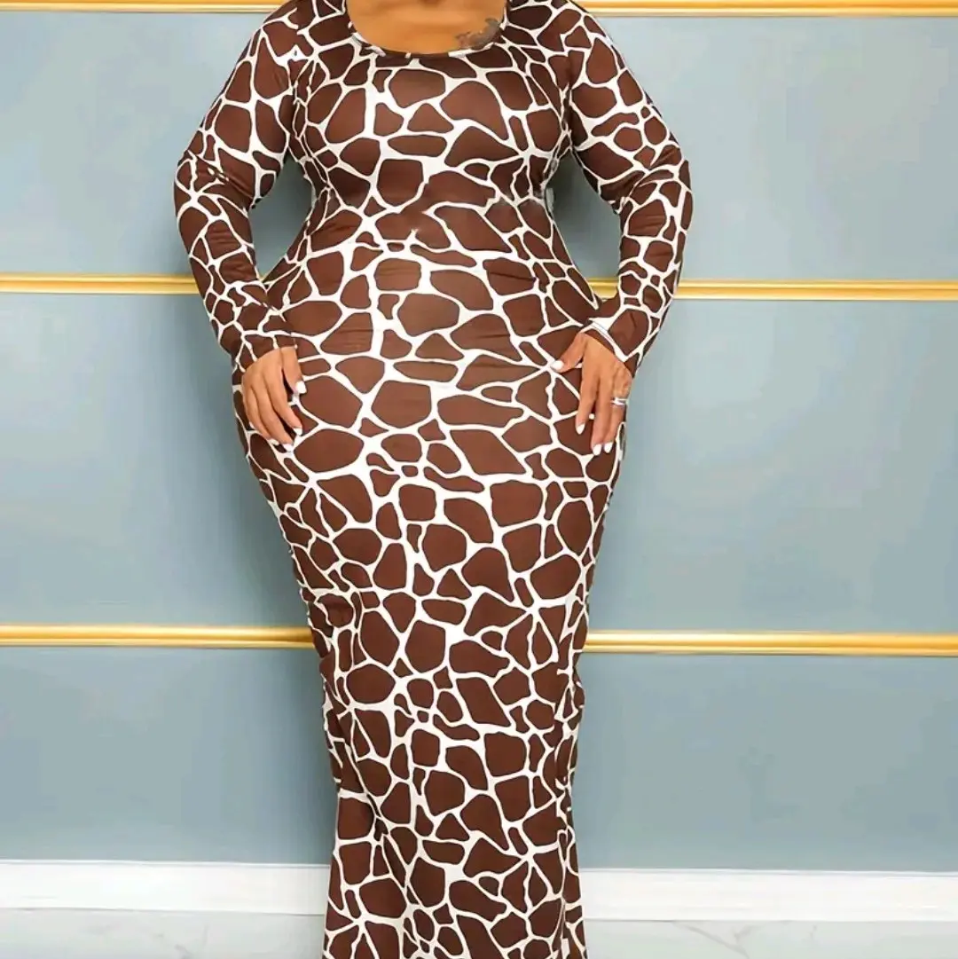 Chic Plus Size Giraffe Print Maxi Long Sleeve Dress, Casual Womenswear
