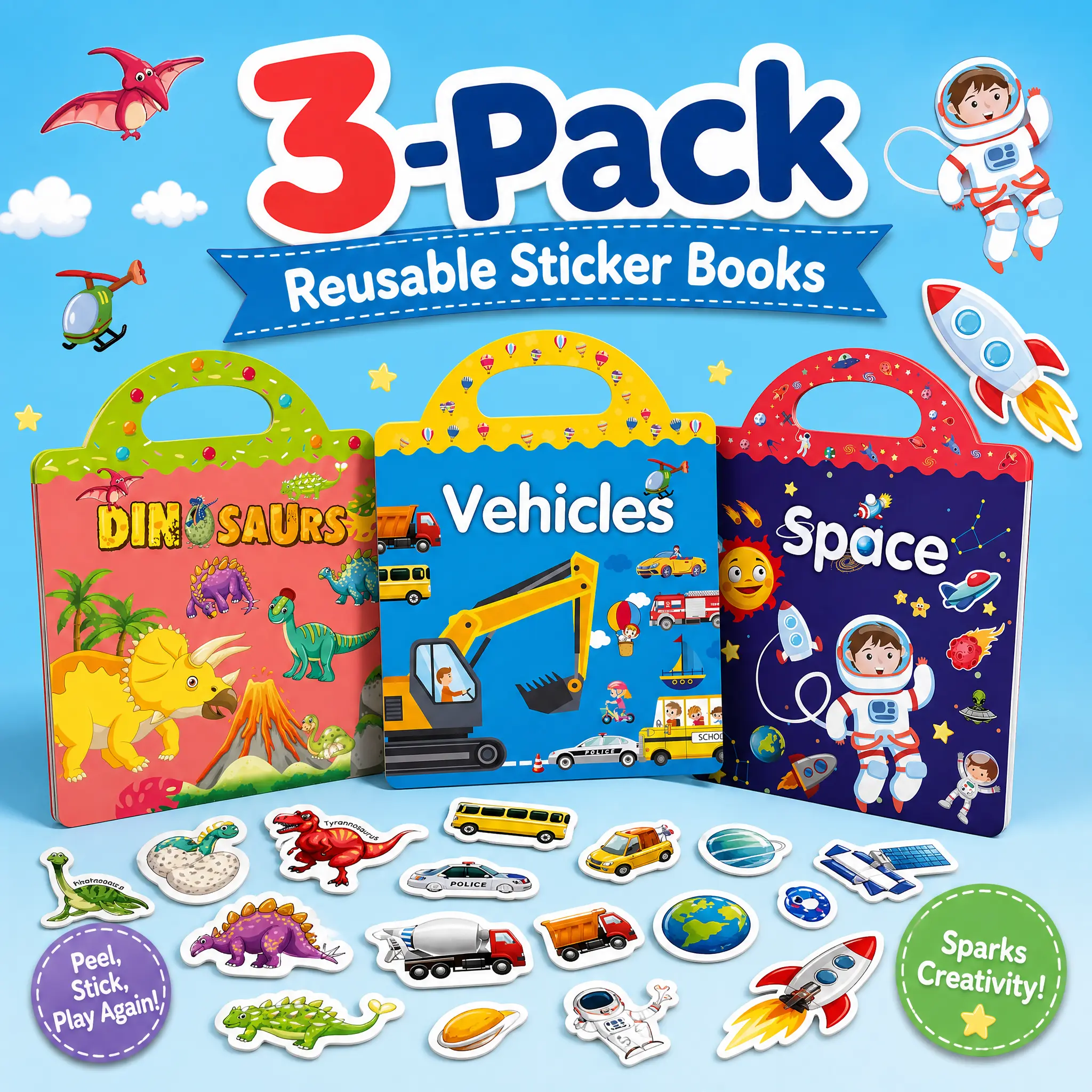 Kids' Reusable Waterproof PVC Adhesive Sticker Books (Ages 3-6) - Classic Themes (Farm Animals, Vehicles, Dinosaurs, Space, Body) - Portable Screen-Free Play Learning Toys for Outdoor Use, Kids' Stickers, Adhesive Stickers Stickers