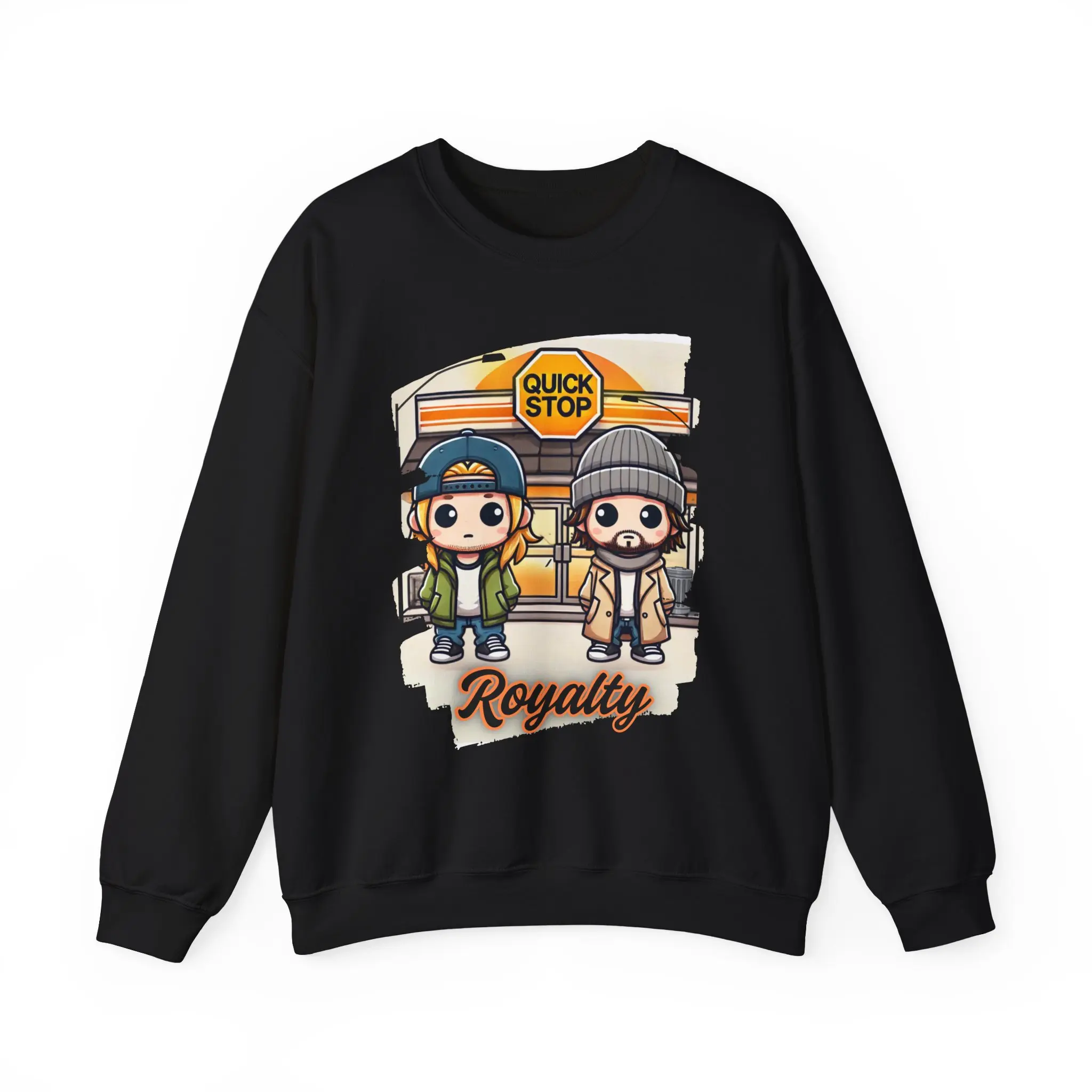 Quick Stop Royalty Kawaii Jay and Bob Inspired Menswear Hoodie Black Long Sleeve Pullover Retro Bootleg Graphic Tee Classic Duo Sweatshirt
