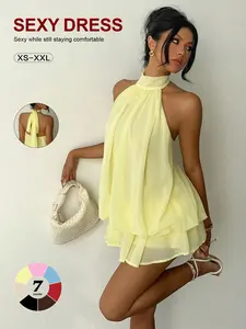 2026 European Style Halter Backless Chiffon Skirt, Summer Sleeveless Waist-Cropped Layered A-Line Dress, Sexy Shoulder-Exposed Fairy Dress dresses  sundress  wrap around dress  bubble dresses Chic Casual wear