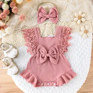 Cute Baby Girl Sweet, Soft, Comfortable, Breathable Solid Color Hollow Out Fringe Edge Dress Jumpsuit With Headband Suitable For Casual Parties, Vacations And Outings