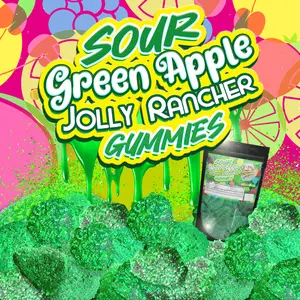 Sour Green Apple Jolly Rancher Gummies - bold, sweet fruity flavor and a chewy mouth-puckering zing snack Bite