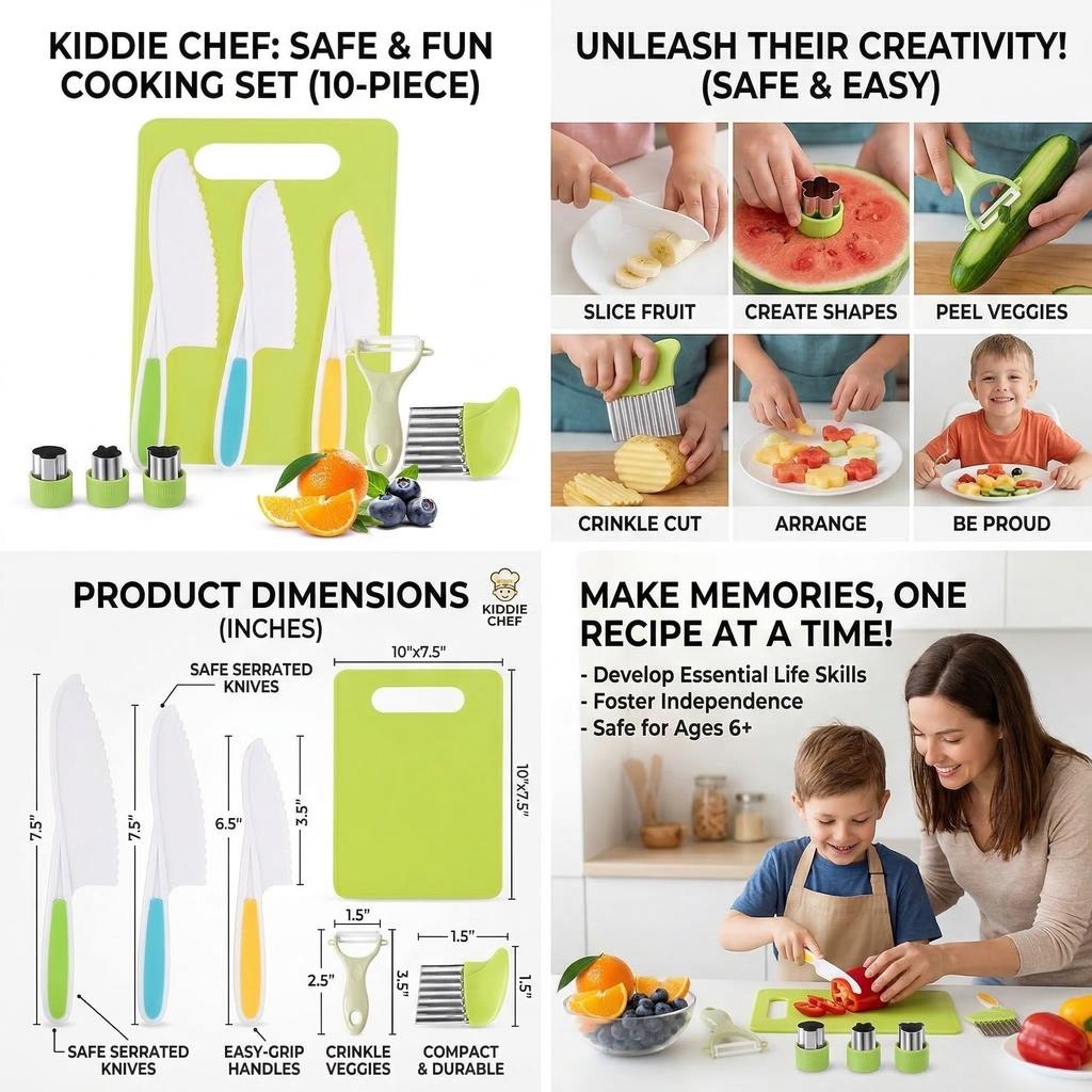 9 Pcs Montessori Kitchen Tools for Kids, Toddler Knife Set with Cutting Board, Peeler, Crinkle Cutter & Cookie Cutters, Safe Plastic Knives for Real Cooking & Baking