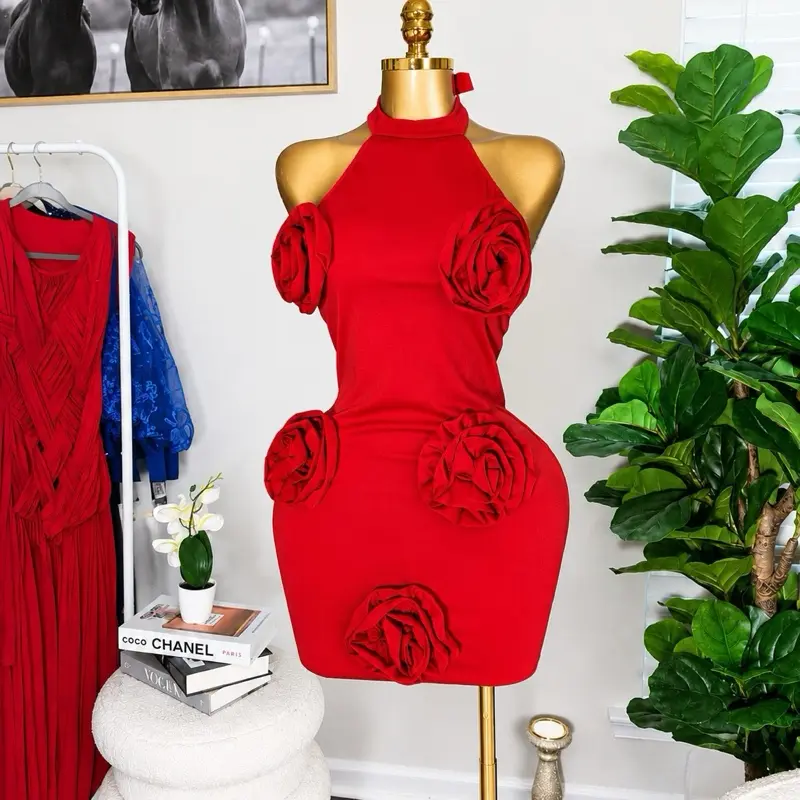 Women’s red Floral Design Fabric Bodycon Snatched Dress - Ideal for Mini Dates, Parties, Summer and Spring Occasions