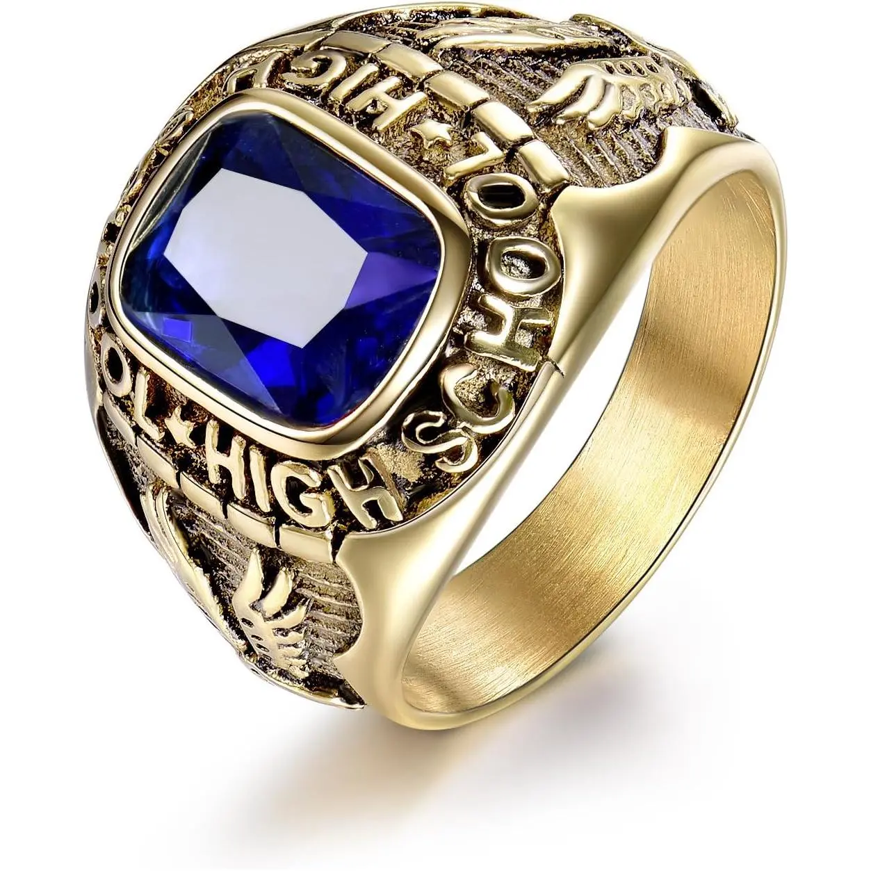 Male Stainless Steel High School Class Ring with Royal Blue Sapphire Color Stone, Baby Costume Jewelry Statement Piece, Sizes 8-15, Fast Shipping