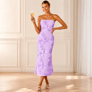 Women's Summer Strapless Floral Midi Dress 2026 Bodycon Mesh Tube Wedding Guest Cocktail Party Long Dresses