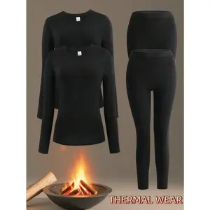 4-pack women’s fleece thermal underwear set — comfortable base layer, warm skin-tight pants for outdoor activities and skiing in winter; long-sleeve crew-neck top and leggings set; yoga clothing