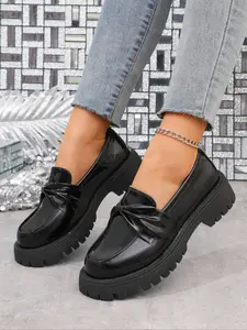Women's Spring Summer New Thick Sole Bow Single Shoe, Slip-On Wide Foot Loafers, Flat British Style Small Leather Shoes, Casual Daily Wear Walking Shoes
