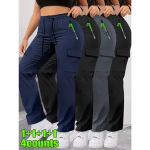 4pcs Women's Zipper Pocket Cargo Pants, Women's Elastic Waist Hiking Trousers, Women's Multi-Pocket Casual Cargo Pants, Women's Lightweight Outdoor Cargo Pants, Women's Plus Size Cargo Pants