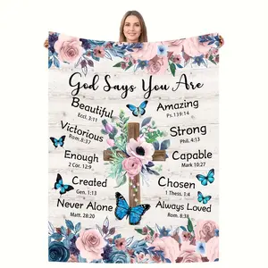 Christian Theme Flannel Fabric Soft Throw Blanket - Floral, Cross-Butterflies & Religious Printed, Bible Verses "God Says You Are", Plush Cozy Multi-Size Warm Bedding for Bedroom Sofa, Ideal Baptism Gift for Women, Fabric Soft Blankets, Floral Design Blan