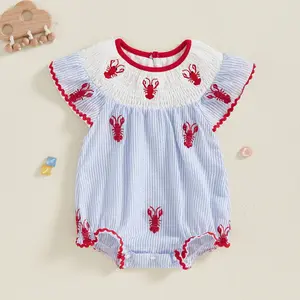 Newborn Infant Baby Girl Smocked Bubble Summer Sleeveless Striped Crawfish Embroidered Romper