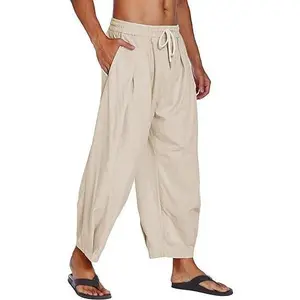 New Autumn Collection Men's Cotton Linen Harem Pants Drawstring Casual Cropped Trousers Lightweight Loose Beach Yoga Pants with Pockets Skin-friendly Menswear Baggy Canvas Elastic Hippie Soft Suit Underwear Plain Machine Washable Best Sellers