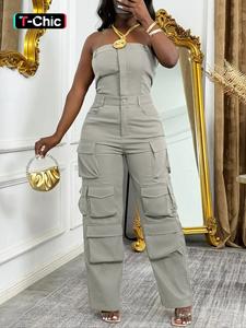women's solid flap pocket overalls jumpsuit, casual street fashion strapless sleeveless jumpsuit for daily wear, ladies clothes for all seasons
