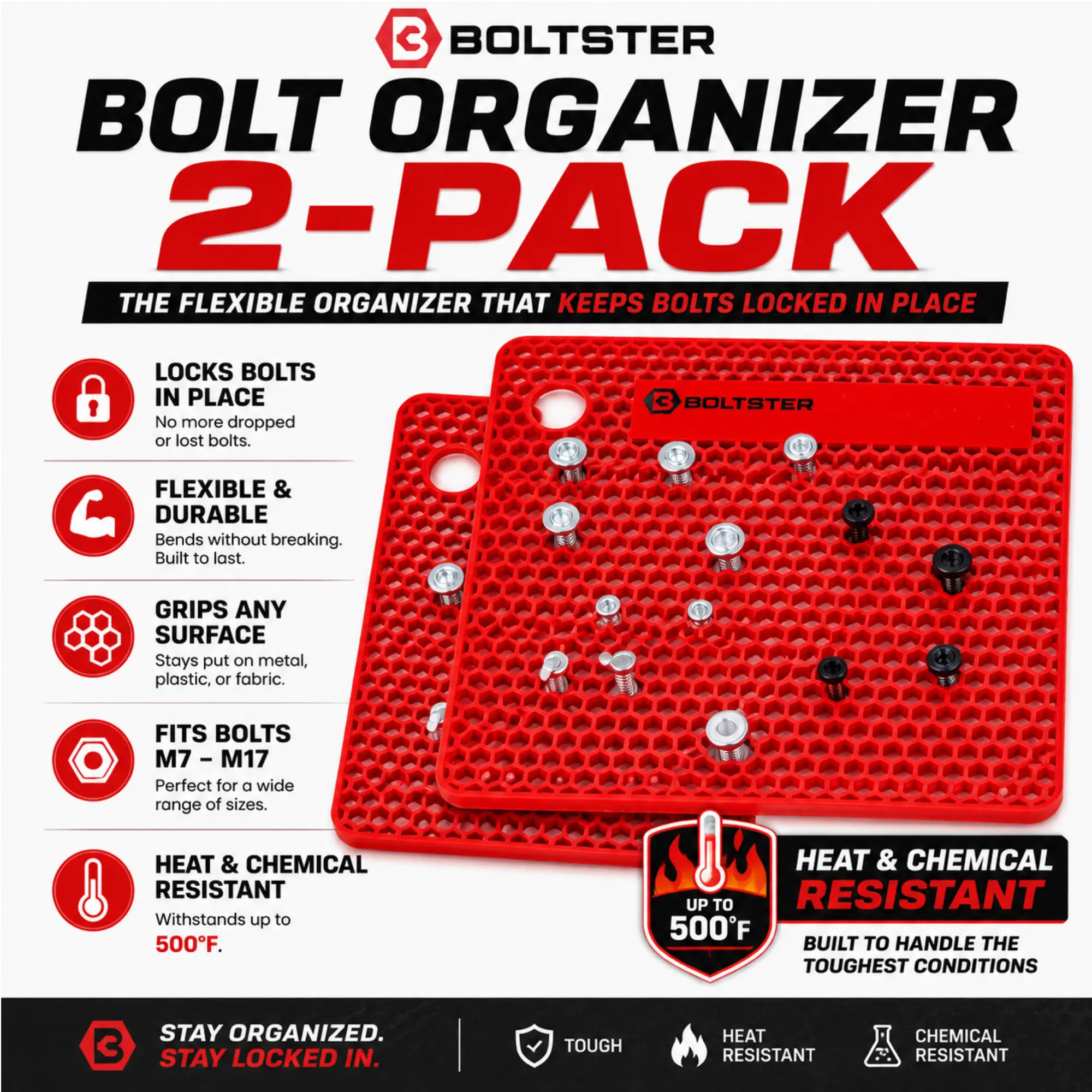 Boltster Original Organizer 2-Pack – The Original Flexible Fastener Organizer, 7-17mm Compatibility, Stretchable Silicone Design, Heat Resistant to 500°F, Chemical Resistant, Keeps Bolts Organized During Repairs & Maintenance