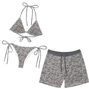 Matching Swimwear Set for Couples - Swim Bra & Tie Side Thong Bikini + Men's Beach Shorts, Athletic Short - Classic Deer Camo - Grey Liner Men Shorts, Women Bikini Set, Everyday Shorts