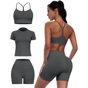 Women 3 Piece Workout Sets Seamless Running Tops Athletic Gym Yoga Short Y Back Sports Bras Outfits