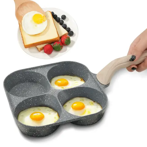 Aluminium 4-Hole Nonstick Egg Frying Pan with Wooden Handle Grip - Compact Induction-Ready Kitchen Skillet, Lid-Free 4-Cup McGriddle Cookware Sets for Breakfast Pancakes & Hamburgers