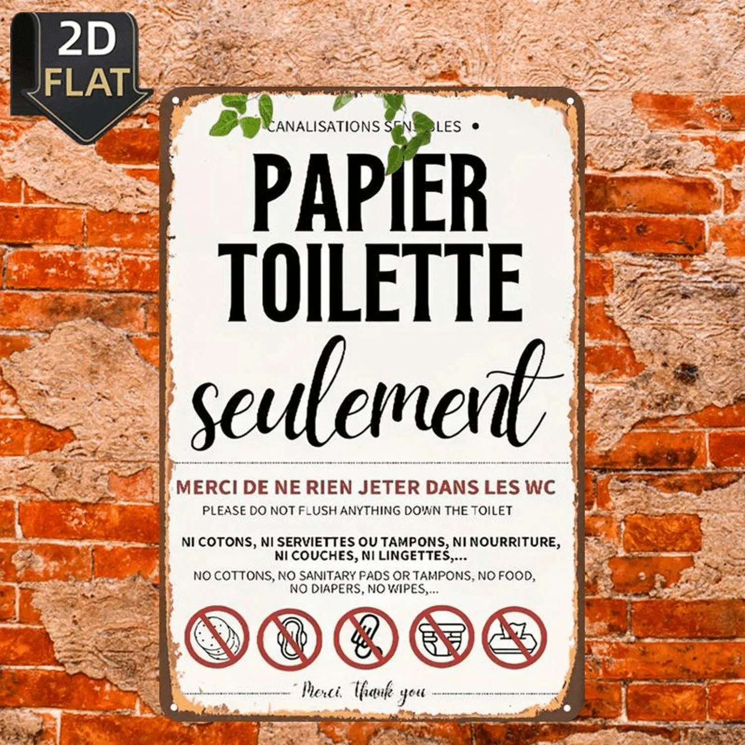 2D Flat 1pc, "Please Dispose of Toilet Paper Solely in The Toilet – No Cotton, Serviettes, Or Other Items", Metal Tin Sign, Size(8"X12"/20Cm*30Cm) Decorative Paintings/Room/Restaurant/Bar/Door/Garage Decor