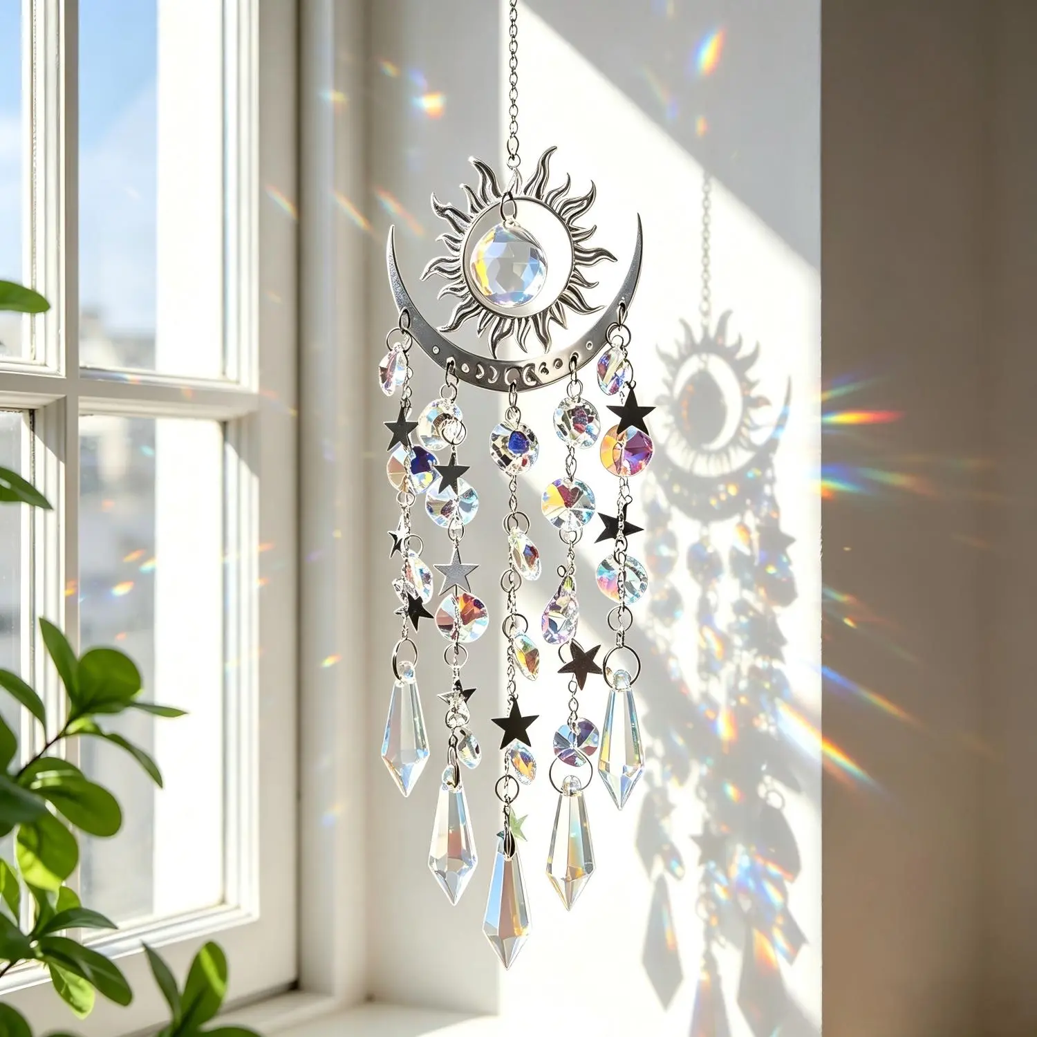 Handmade Crystal Sun Catcher Hanging Prism - Hangable Sun Moon Star Rainbow Decoration for Window, Boho Witchy Aesthetic Home Wall Decor Gift